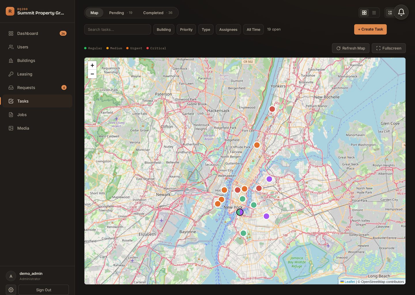 RQ200 map view: buildings color-coded by priority across a metro