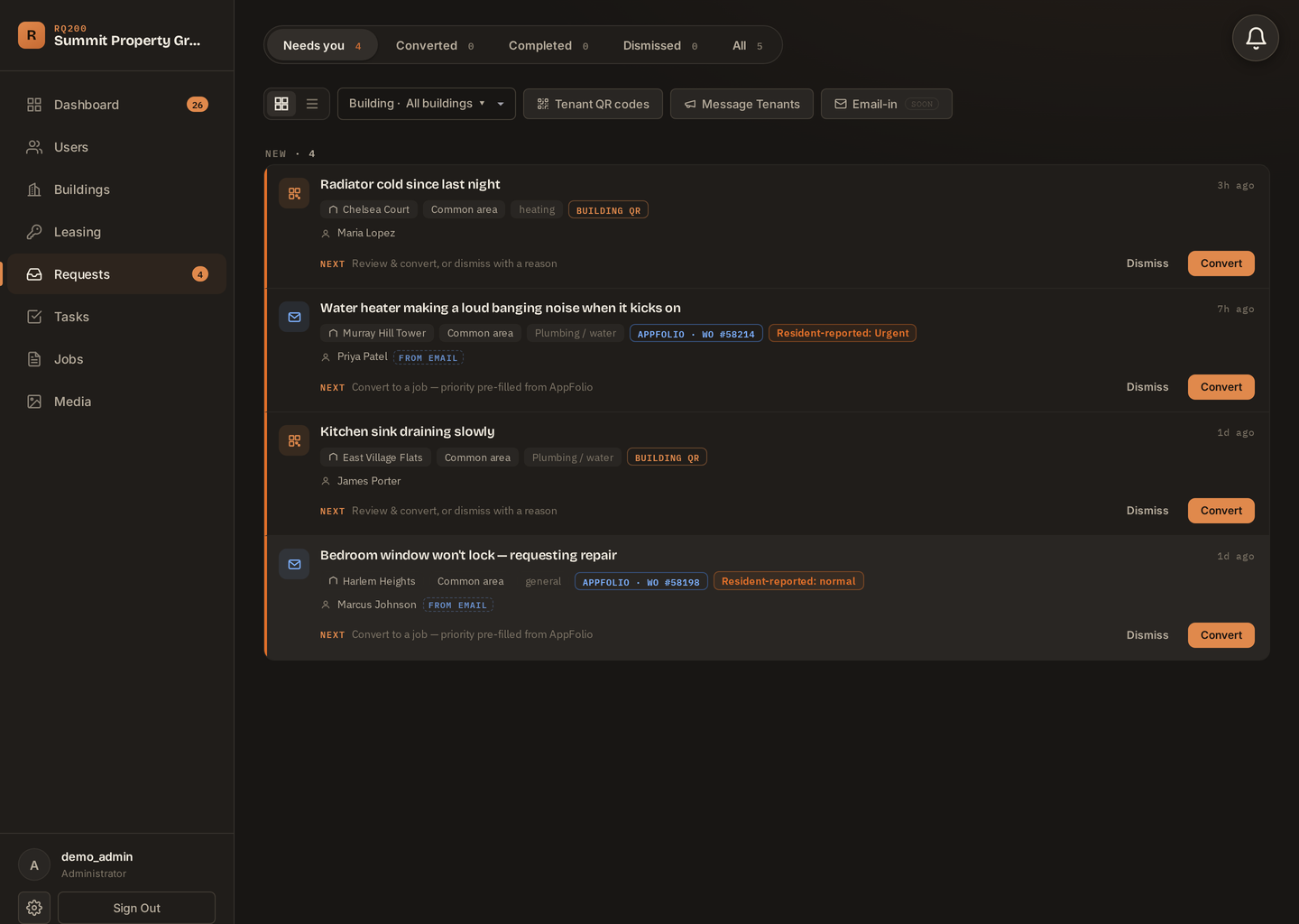 RQ200 tenant request inbox: QR-code requests and AppFolio work orders side by side
