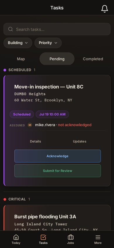 RQ200 on a contractor's phone: the assigned job with Acknowledge and Submit for Review buttons